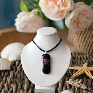 Dark pink & black festival fashion abstract flower fused glass pendant necklace